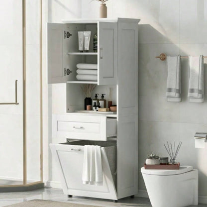 Tall Bathroom Cabinet with Laundry Basket, Large Storage Space Tilt - Out Laundry Hamper and Upper Storage Cabinet, White