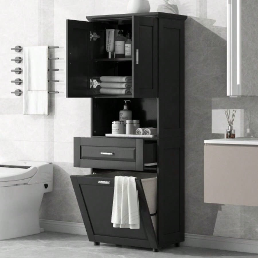 Tall Bathroom Cabinet with Laundry Basket, Large Storage Space Tilt - Out Laundry Hamper and Upper Storage Cabinet, White