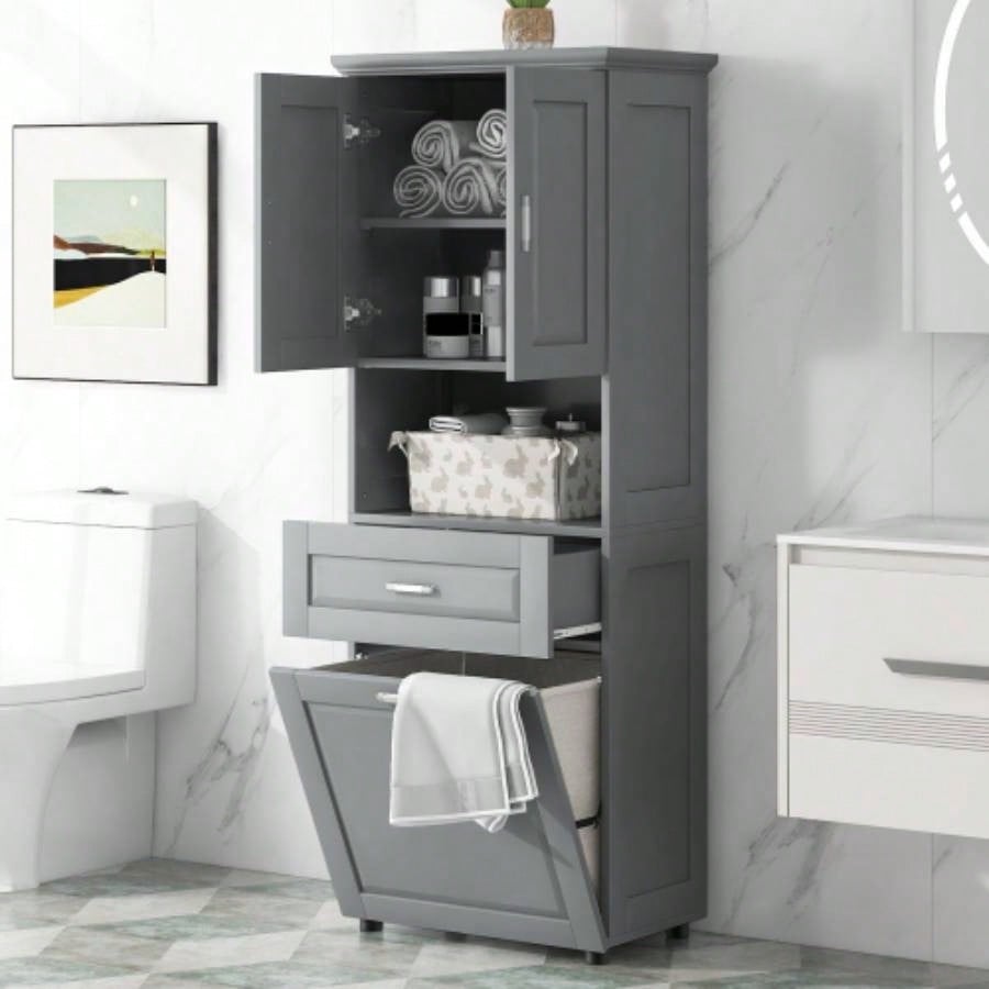 Tall Bathroom Cabinet with Laundry Basket, Large Storage Space Tilt - Out Laundry Hamper and Upper Storage Cabinet, White