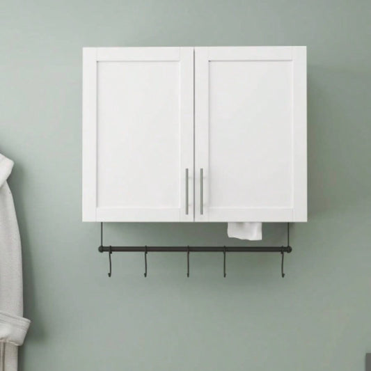 Bathroom Wall Cabinet with Adjustable Shelf, Towel Bar, 5 Hooks, Over Toilet Storage Cabinet Bathroom, Kitchen, White