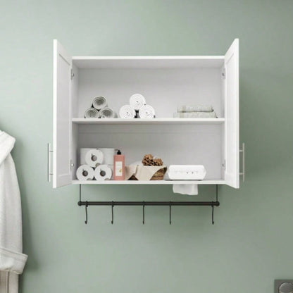 Bathroom Wall Cabinet with Adjustable Shelf, Towel Bar, 5 Hooks, Over Toilet Storage Cabinet Bathroom, Kitchen, White