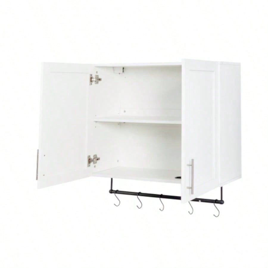 Bathroom Wall Cabinet with Adjustable Shelf, Towel Bar, 5 Hooks, Over Toilet Storage Cabinet Bathroom, Kitchen, White