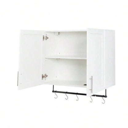 Bathroom Wall Cabinet with Adjustable Shelf, Towel Bar, 5 Hooks, Over Toilet Storage Cabinet Bathroom, Kitchen, White