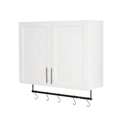 Bathroom Wall Cabinet with Adjustable Shelf, Towel Bar, 5 Hooks, Over Toilet Storage Cabinet Bathroom, Kitchen, White
