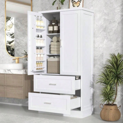 Tall Bathroom Storage Cabinet, Cabinet with Two Doors and Drawers, Adjustable Shelf, MDF Board, Black