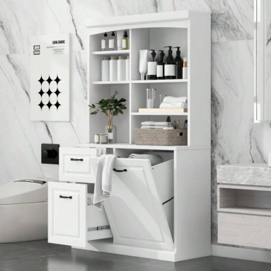 Bathroom Storage Cabinet with Tilt - Out Hamper, 70.9 Tall Standing Organizer with Drawers Adjustable Shelves, MDF Linen Tower with Steel Handles, White