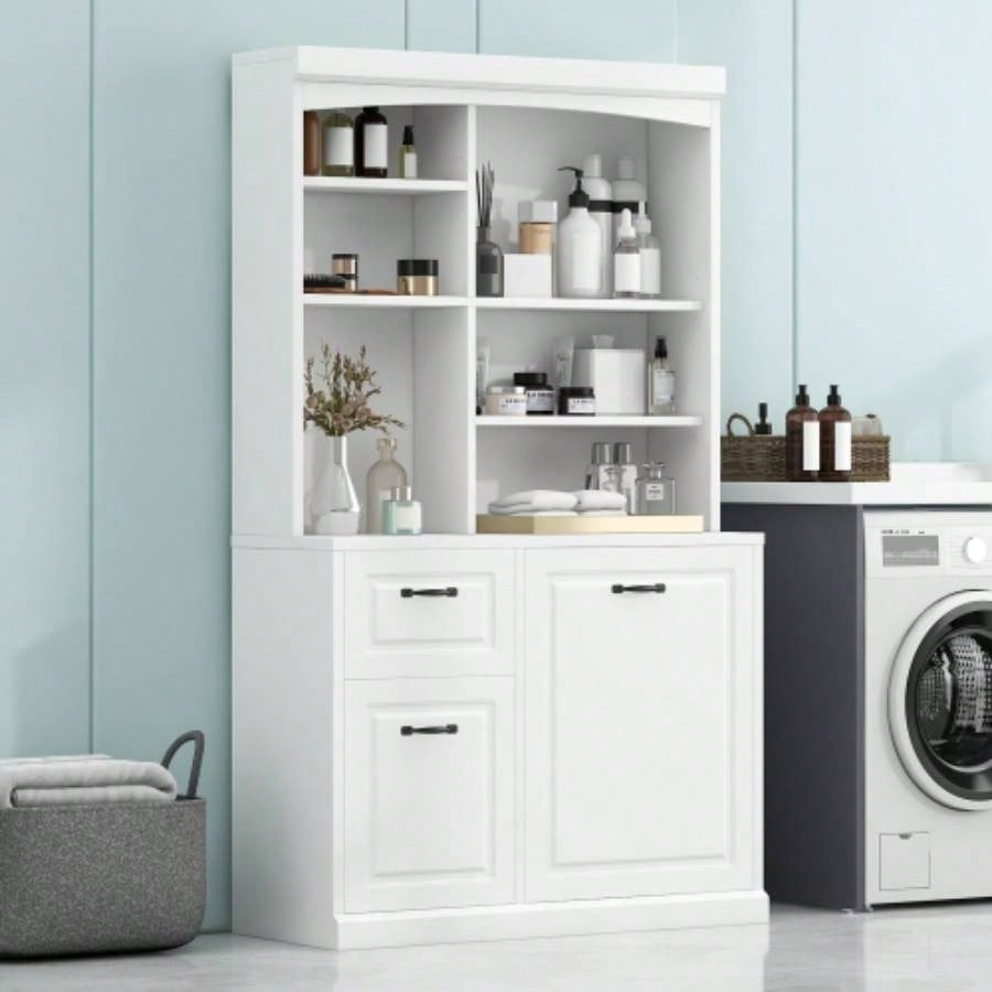 Bathroom Storage Cabinet with Tilt - Out Hamper, 70.9 Tall Standing Organizer with Drawers Adjustable Shelves, MDF Linen Tower with Steel Handles, White