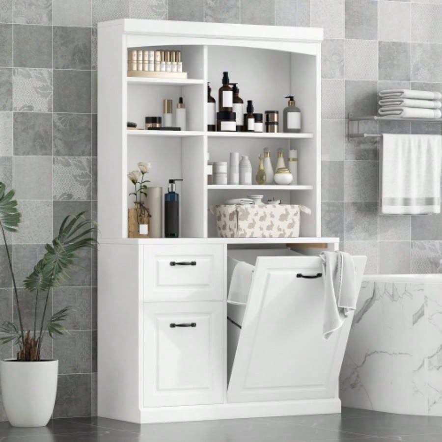 Bathroom Storage Cabinet with Tilt - Out Hamper, 70.9 Tall Standing Organizer with Drawers Adjustable Shelves, MDF Linen Tower with Steel Handles, White