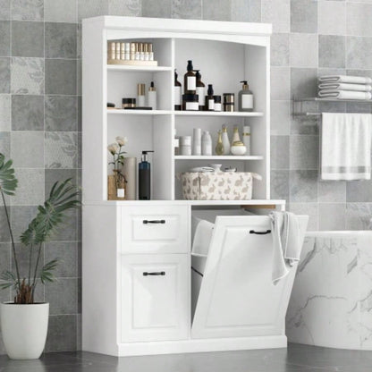 Bathroom Storage Cabinet with Tilt - Out Hamper, 70.9 Tall Standing Organizer with Drawers Adjustable Shelves, MDF Linen Tower with Steel Handles, White