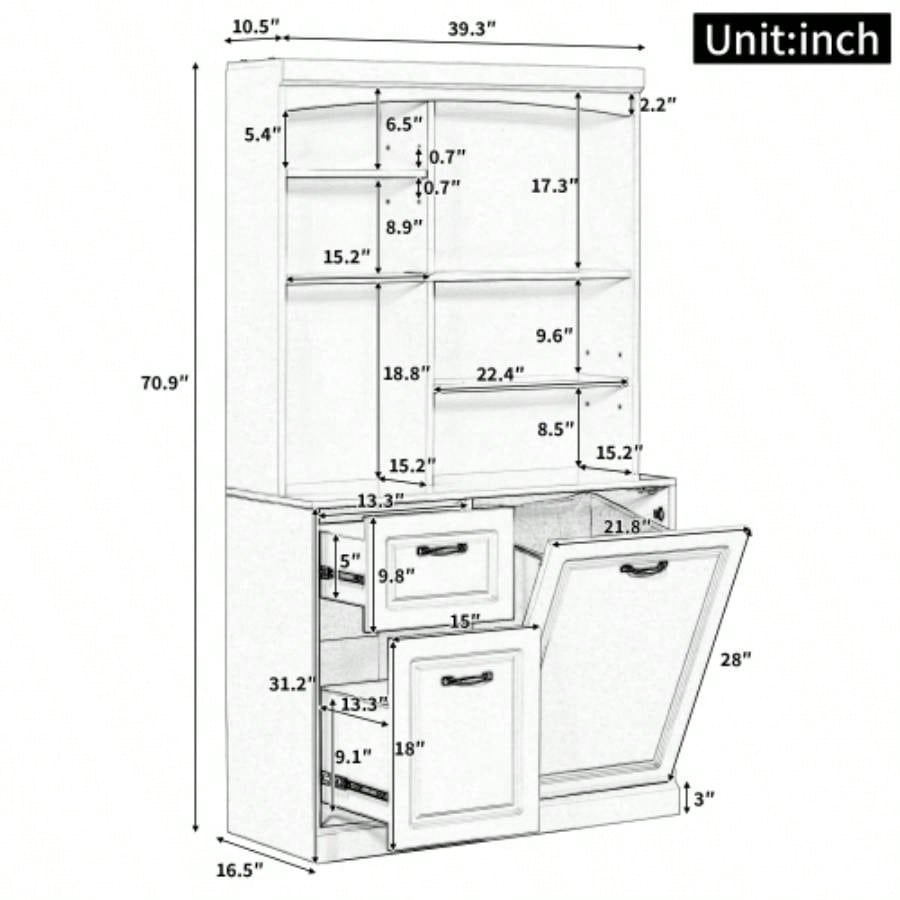 Bathroom Storage Cabinet with Tilt - Out Hamper, 70.9 Tall Standing Organizer with Drawers Adjustable Shelves, MDF Linen Tower with Steel Handles, White