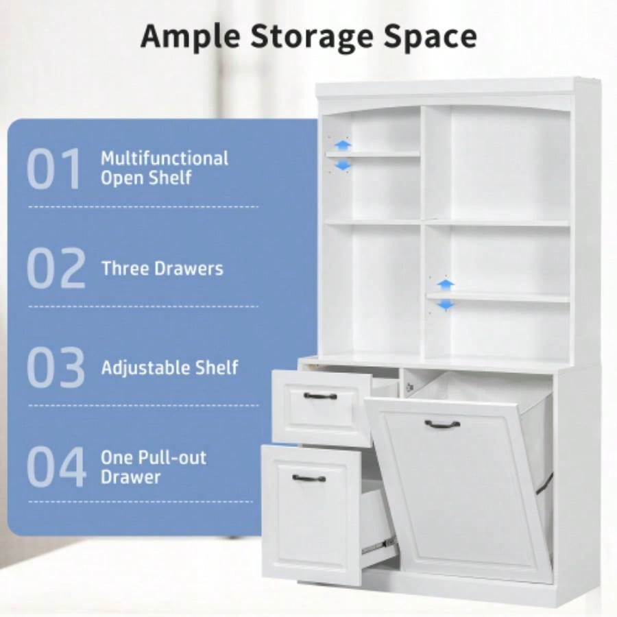Bathroom Storage Cabinet with Tilt - Out Hamper, 70.9 Tall Standing Organizer with Drawers Adjustable Shelves, MDF Linen Tower with Steel Handles, White