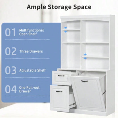 Bathroom Storage Cabinet with Tilt - Out Hamper, 70.9 Tall Standing Organizer with Drawers Adjustable Shelves, MDF Linen Tower with Steel Handles, White