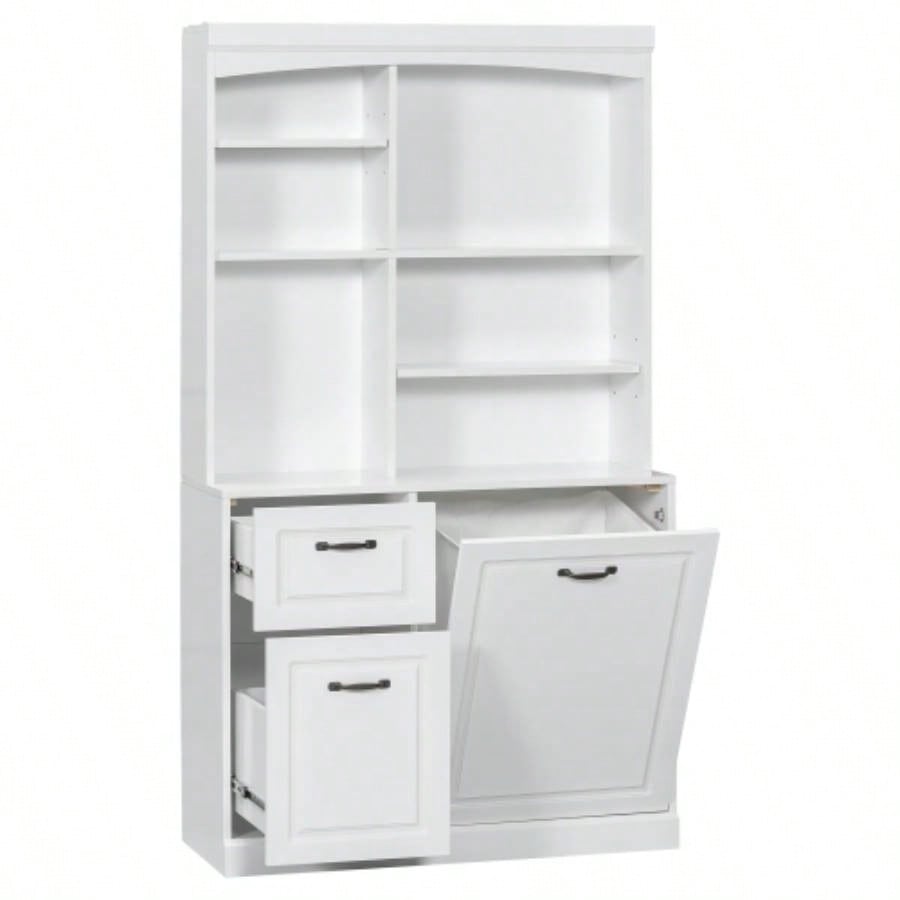 Bathroom Storage Cabinet with Tilt - Out Hamper, 70.9 Tall Standing Organizer with Drawers Adjustable Shelves, MDF Linen Tower with Steel Handles, White