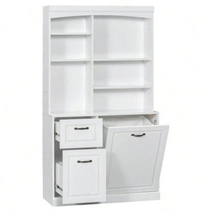 Bathroom Storage Cabinet with Tilt - Out Hamper, 70.9 Tall Standing Organizer with Drawers Adjustable Shelves, MDF Linen Tower with Steel Handles, White