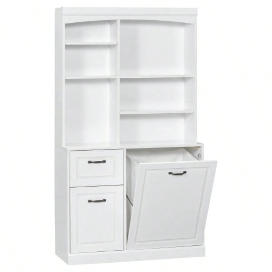 Bathroom Storage Cabinet with Tilt - Out Hamper, 70.9 Tall Standing Organizer with Drawers Adjustable Shelves, MDF Linen Tower with Steel Handles, White