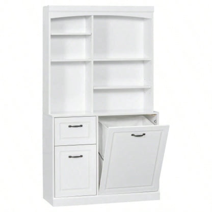 Bathroom Storage Cabinet with Tilt - Out Hamper, 70.9 Tall Standing Organizer with Drawers Adjustable Shelves, MDF Linen Tower with Steel Handles, White