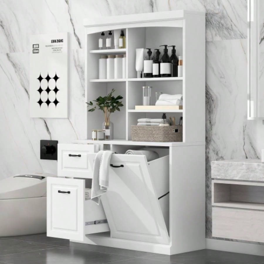 Bathroom Storage Cabinet with Tilt - Out Hamper, 70.9 Tall Standing Organizer with Drawers Adjustable Shelves, MDF Linen Tower with Steel Handles, White