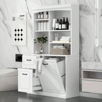 Bathroom Storage Cabinet with Tilt - Out Hamper, 70.9 Tall Standing Organizer with Drawers Adjustable Shelves, MDF Linen Tower with Steel Handles, White