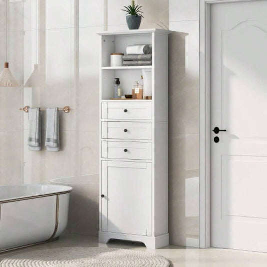 White Tall Storage Cabinet with 3 Drawers and Adjustable Shelves Bathroom, Study, Office and Interior, MDF Board with Painted Old Sku: WF298151AAK