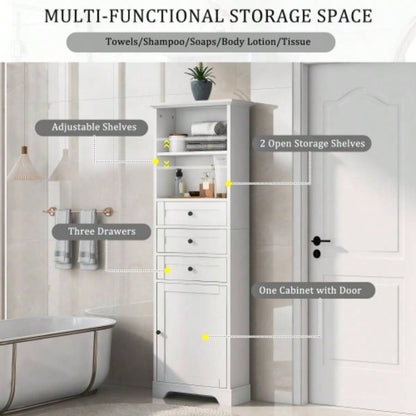 White Tall Storage Cabinet with 3 Drawers and Adjustable Shelves Bathroom, Study, Office and Interior, MDF Board with Painted Old Sku: WF298151AAK