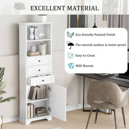 White Tall Storage Cabinet with 3 Drawers and Adjustable Shelves Bathroom, Study, Office and Interior, MDF Board with Painted Old Sku: WF298151AAK