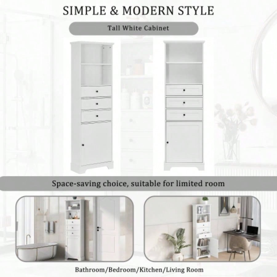White Tall Storage Cabinet with 3 Drawers and Adjustable Shelves Bathroom, Study, Office and Interior, MDF Board with Painted Old Sku: WF298151AAK