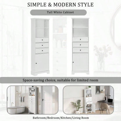 White Tall Storage Cabinet with 3 Drawers and Adjustable Shelves Bathroom, Study, Office and Interior, MDF Board with Painted Old Sku: WF298151AAK