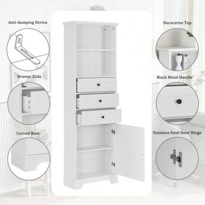White Tall Storage Cabinet with 3 Drawers and Adjustable Shelves Bathroom, Study, Office and Interior, MDF Board with Painted Old Sku: WF298151AAK