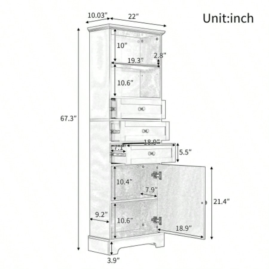 White Tall Storage Cabinet with 3 Drawers and Adjustable Shelves Bathroom, Study, Office and Interior, MDF Board with Painted Old Sku: WF298151AAK
