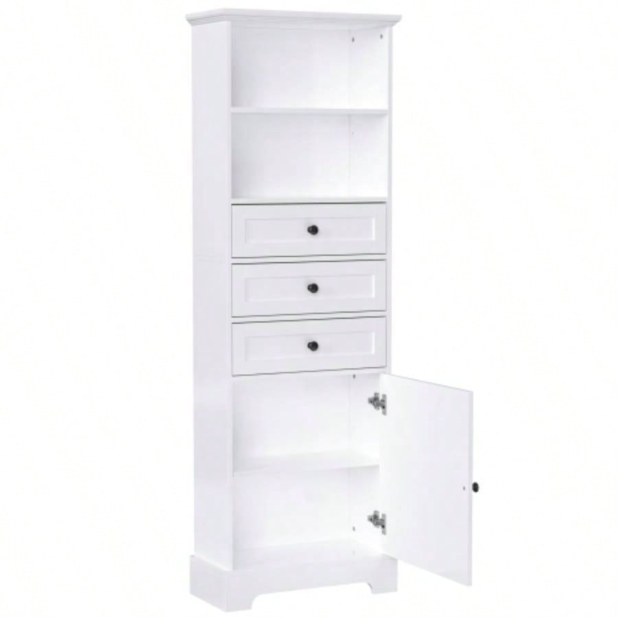 White Tall Storage Cabinet with 3 Drawers and Adjustable Shelves Bathroom, Study, Office and Interior, MDF Board with Painted Old Sku: WF298151AAK