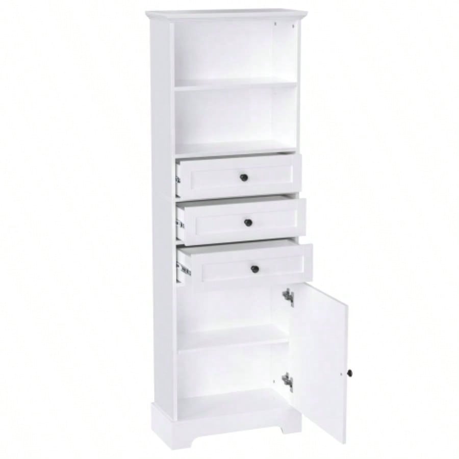 White Tall Storage Cabinet with 3 Drawers and Adjustable Shelves Bathroom, Study, Office and Interior, MDF Board with Painted Old Sku: WF298151AAK