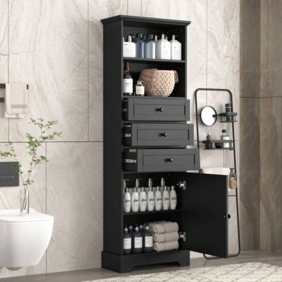 White Tall Storage Cabinet with 3 Drawers and Adjustable Shelves Bathroom, Study, Office and Interior, MDF Board with Painted Old Sku: WF298151AAK