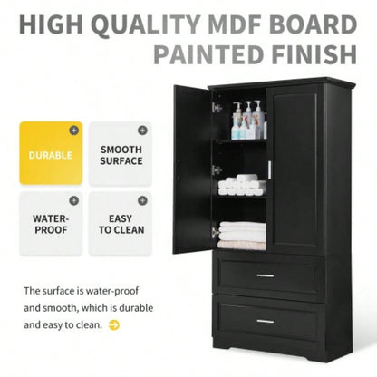 Tall Bathroom Storage Cabinet, Cabinet with Two Doors and Drawers, Adjustable Shelf, MDF Board, Black