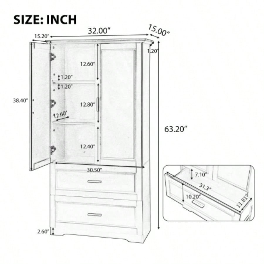 Tall Bathroom Storage Cabinet, Cabinet with Two Doors and Drawers, Adjustable Shelf, MDF Board, Black