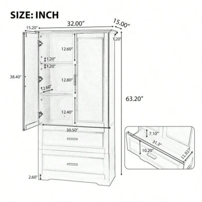 Tall Bathroom Storage Cabinet, Cabinet with Two Doors and Drawers, Adjustable Shelf, MDF Board, Black