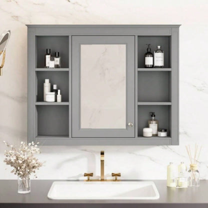 35x 27.5 Medicine Cabinet, Wall Mounted Bathroom Storage Cabinet, Modern Bathroom Wall Cabinet with Mirror, Mirror Cabinet with 6 Open Shelves Not Include Bathroom Vanity