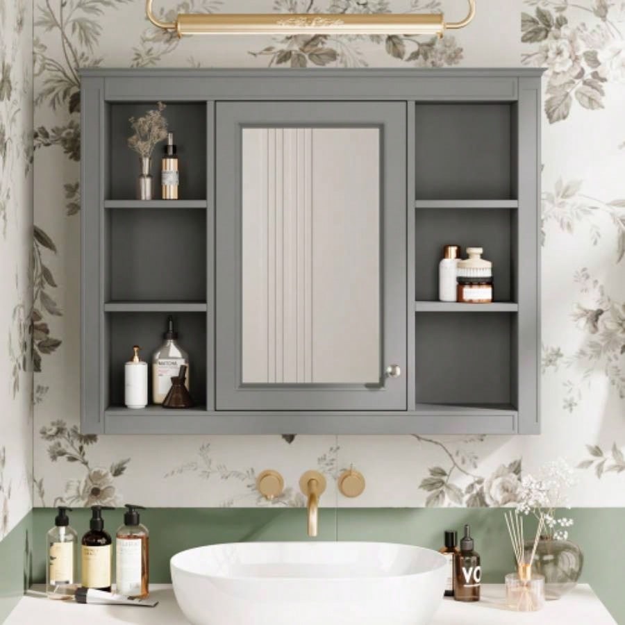 35x 27.5 Medicine Cabinet, Wall Mounted Bathroom Storage Cabinet, Modern Bathroom Wall Cabinet with Mirror, Mirror Cabinet with 6 Open Shelves Not Include Bathroom Vanity