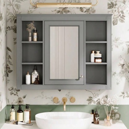 35x 27.5 Medicine Cabinet, Wall Mounted Bathroom Storage Cabinet, Modern Bathroom Wall Cabinet with Mirror, Mirror Cabinet with 6 Open Shelves Not Include Bathroom Vanity