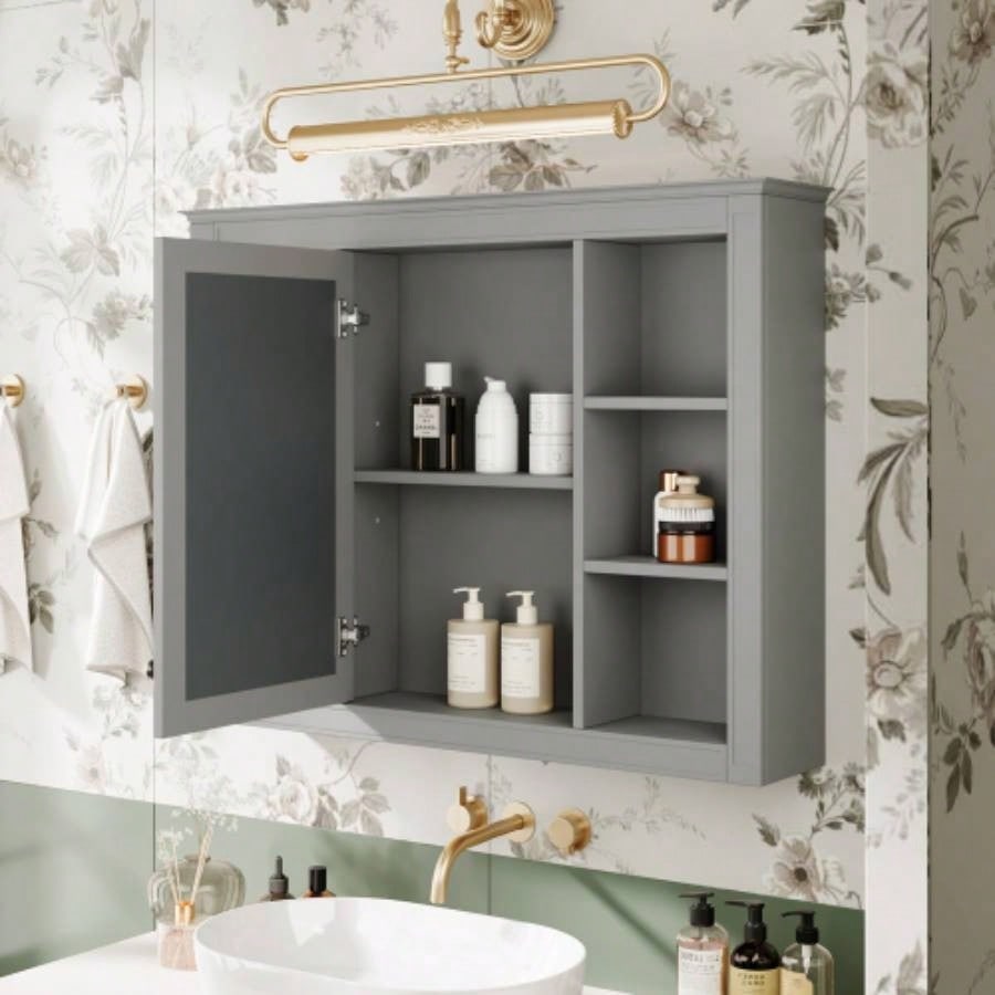 35x 27.5 Medicine Cabinet, Wall Mounted Bathroom Storage Cabinet, Modern Bathroom Wall Cabinet with Mirror, Mirror Cabinet with 6 Open Shelves Not Include Bathroom Vanity