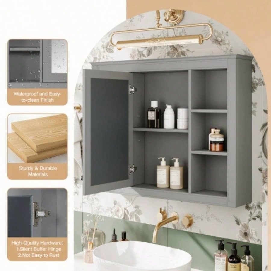 35x 27.5 Medicine Cabinet, Wall Mounted Bathroom Storage Cabinet, Modern Bathroom Wall Cabinet with Mirror, Mirror Cabinet with 6 Open Shelves Not Include Bathroom Vanity