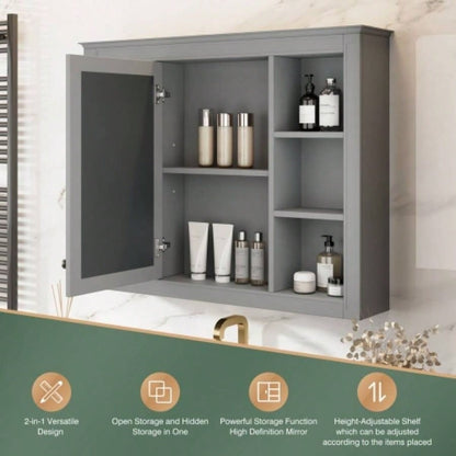 35x 27.5 Medicine Cabinet, Wall Mounted Bathroom Storage Cabinet, Modern Bathroom Wall Cabinet with Mirror, Mirror Cabinet with 6 Open Shelves Not Include Bathroom Vanity