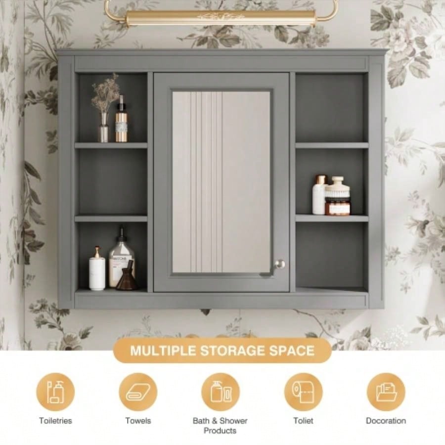35x 27.5 Medicine Cabinet, Wall Mounted Bathroom Storage Cabinet, Modern Bathroom Wall Cabinet with Mirror, Mirror Cabinet with 6 Open Shelves Not Include Bathroom Vanity