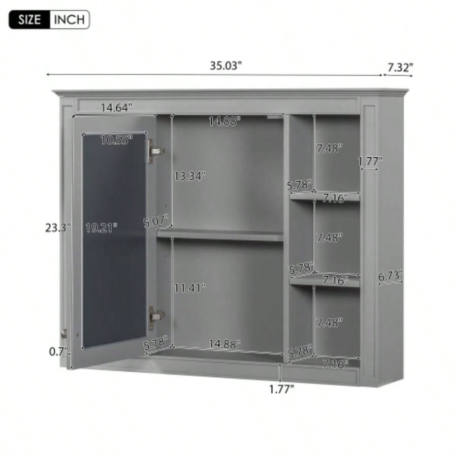 35x 27.5 Medicine Cabinet, Wall Mounted Bathroom Storage Cabinet, Modern Bathroom Wall Cabinet with Mirror, Mirror Cabinet with 6 Open Shelves Not Include Bathroom Vanity