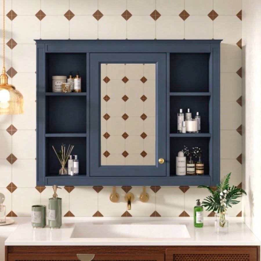 35x 27.5 Medicine Cabinet, Wall Mounted Bathroom Storage Cabinet, Modern Bathroom Wall Cabinet with Mirror, Mirror Cabinet with 6 Open Shelves Not Include Bathroom Vanity