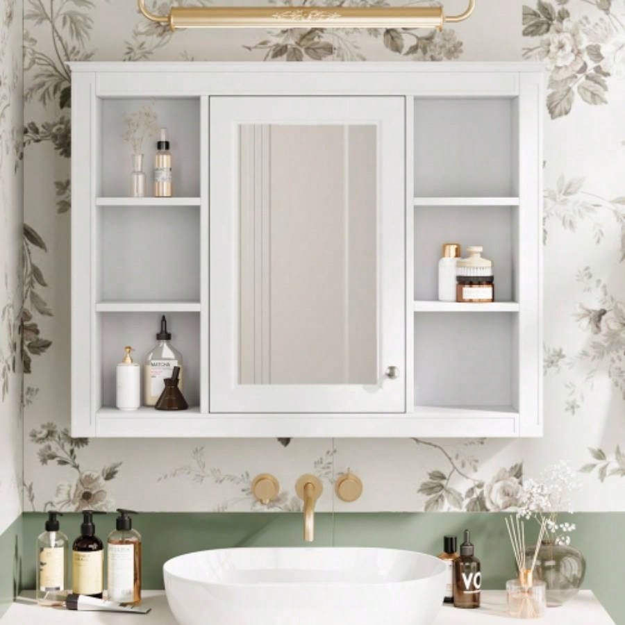 35x 27.5 Medicine Cabinet, Wall Mounted Bathroom Storage Cabinet, Modern Bathroom Wall Cabinet with Mirror, Mirror Cabinet with 6 Open Shelves Not Include Bathroom Vanity