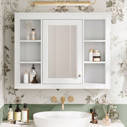 35x 27.5 Medicine Cabinet, Wall Mounted Bathroom Storage Cabinet, Modern Bathroom Wall Cabinet with Mirror, Mirror Cabinet with 6 Open Shelves Not Include Bathroom Vanity