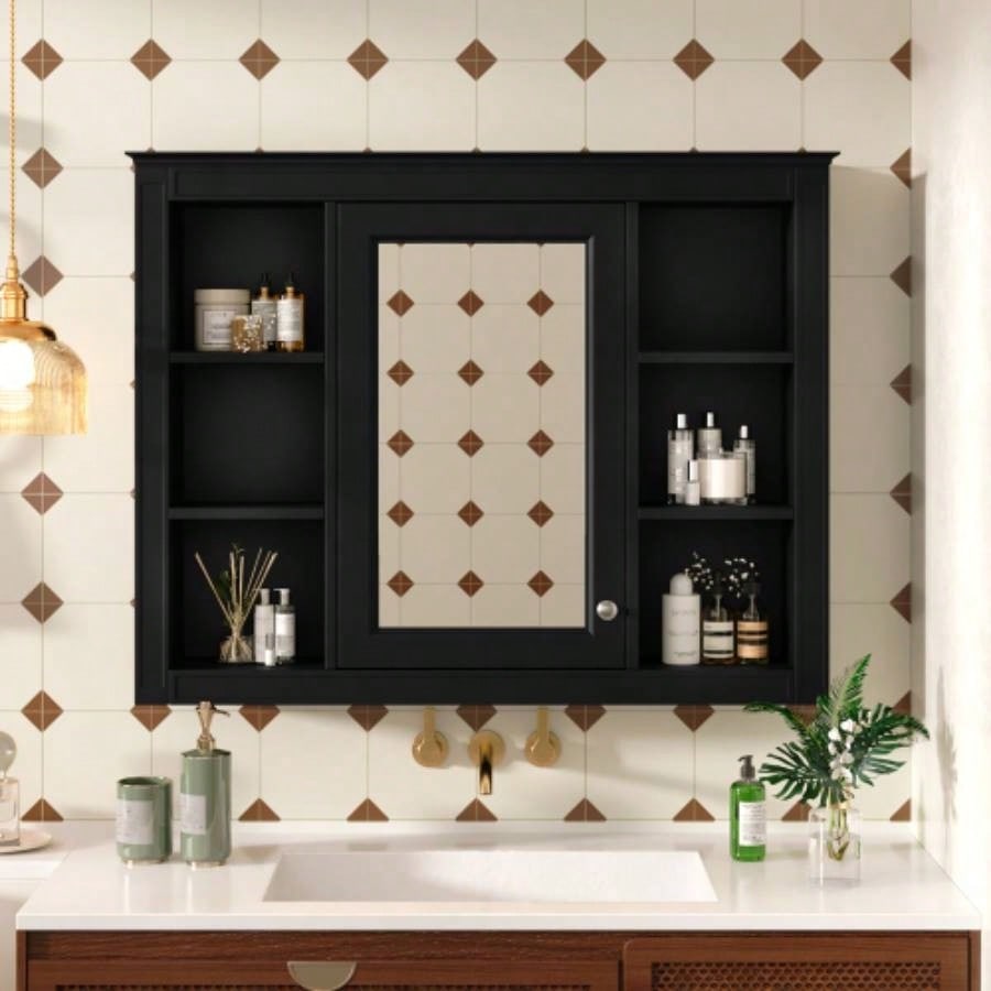 35x 27.5 Medicine Cabinet, Wall Mounted Bathroom Storage Cabinet, Modern Bathroom Wall Cabinet with Mirror, Mirror Cabinet with 6 Open Shelves Not Include Bathroom Vanity