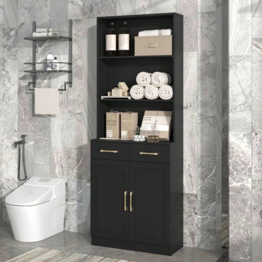 Bathroom Storage Cabinet, Cabinet with Two Doors and Drawers, Adjustable Shelf, Three - layer Open Shelf, MDF Board, Black