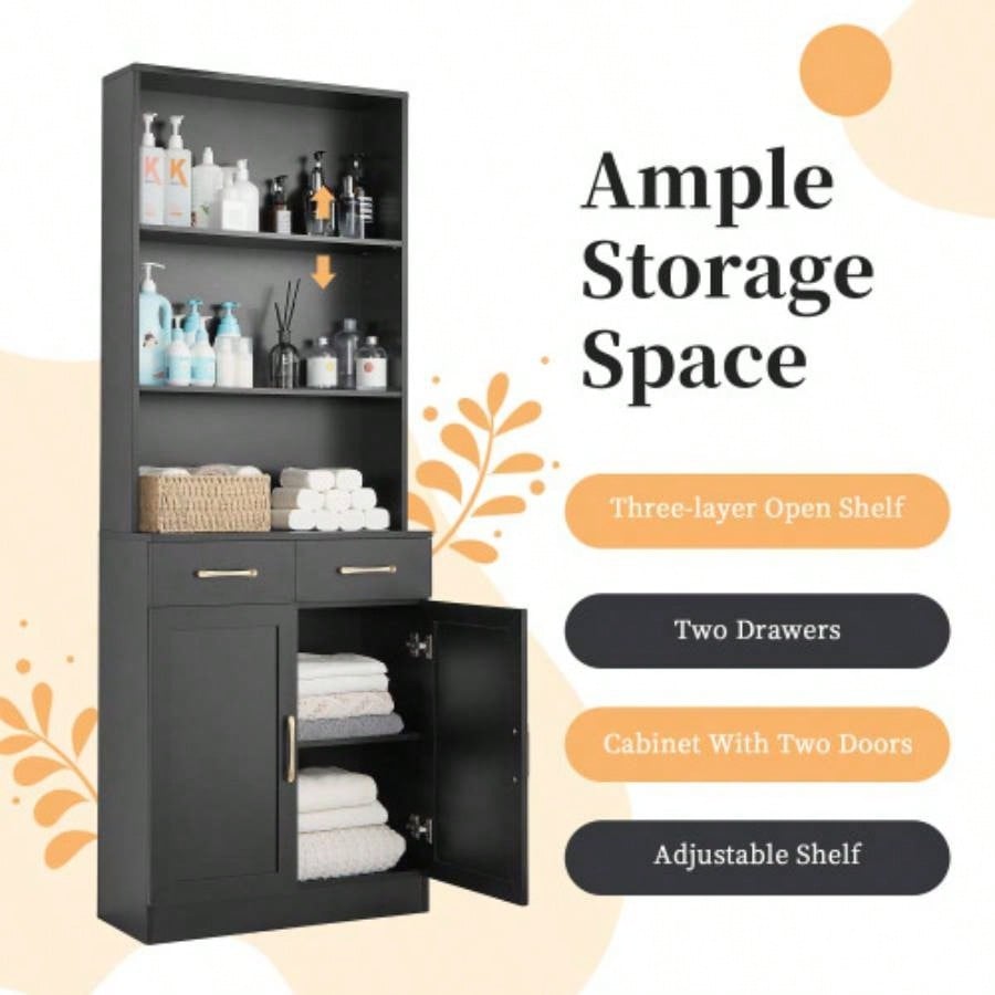 Bathroom Storage Cabinet, Cabinet with Two Doors and Drawers, Adjustable Shelf, Three - layer Open Shelf, MDF Board, Black