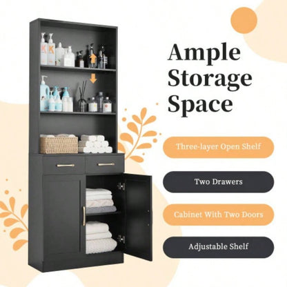 Bathroom Storage Cabinet, Cabinet with Two Doors and Drawers, Adjustable Shelf, Three - layer Open Shelf, MDF Board, Black